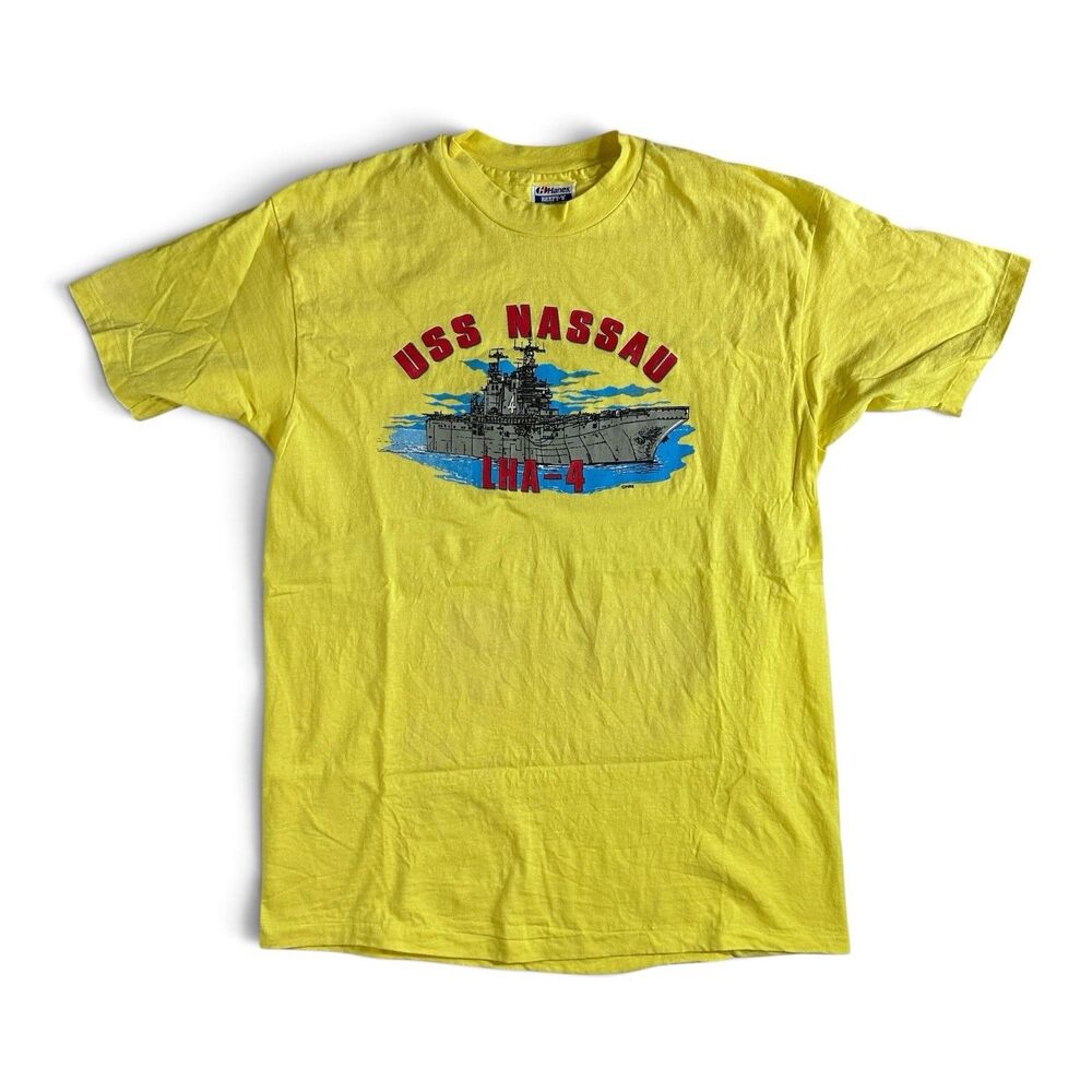 Vintage Single-Stitch USS Nassau LHA-4 Aircraft Carrier T-Shirt XL Yellow USA
